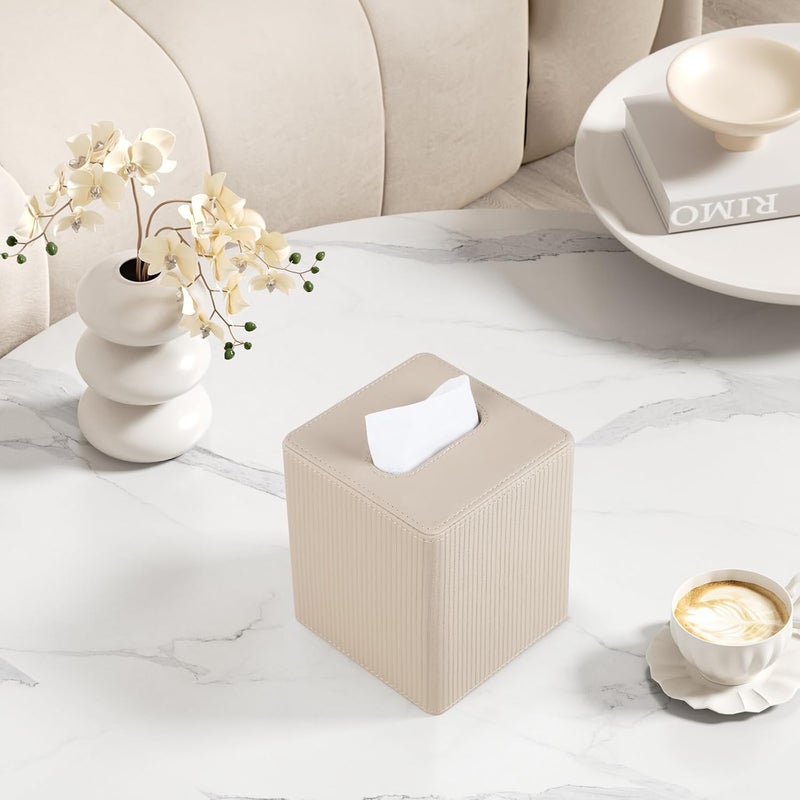 Cretkhp Tissue Box Cover Square with Magnetic Closure, PU Leather Tissue Box Holder for Bathroom NightStands Livingroom, Decorative Modern Square Tissue Holder (Beige) - Image 5